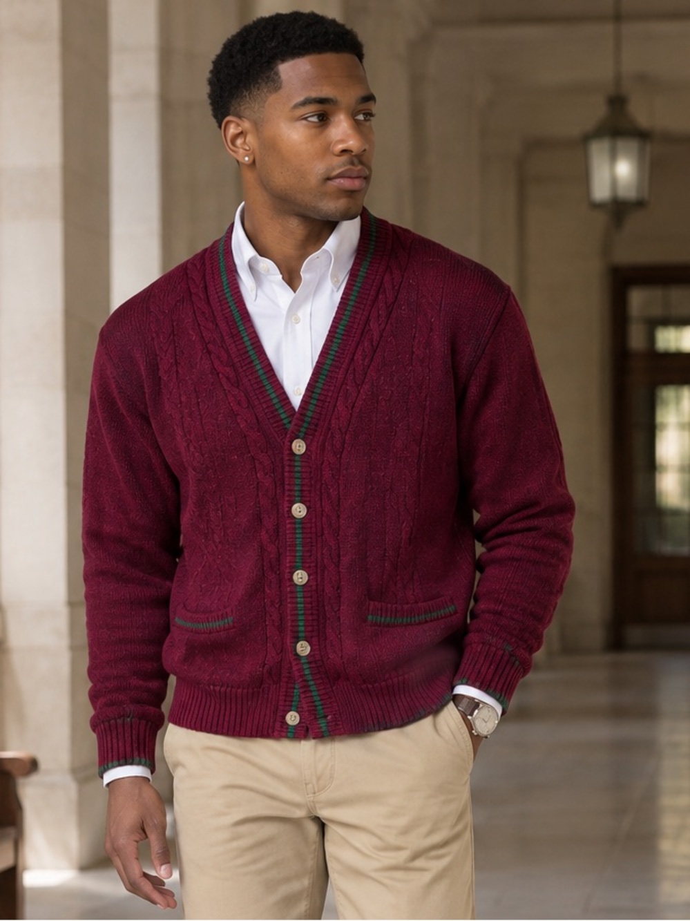 Vtg Hunt Club Mens Thick Ivy League Cardigan Sz XL Tall Burgundy Cable Academia